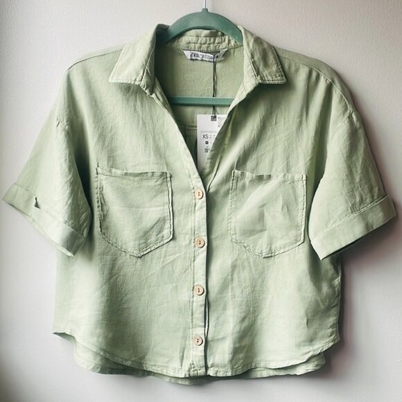 NWT ZARA Sage Green Short Sleeve Linen Blend Shirt Size XS - Picture 2 of 8